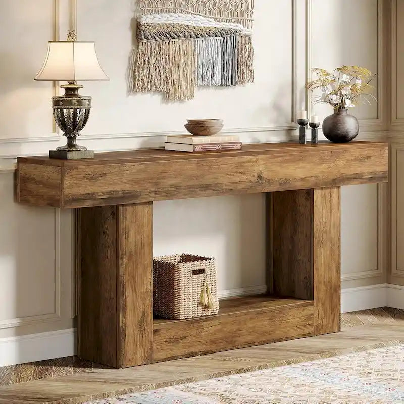 63-Inch Brown and Gray Slim Wooden Console Table for Entryway