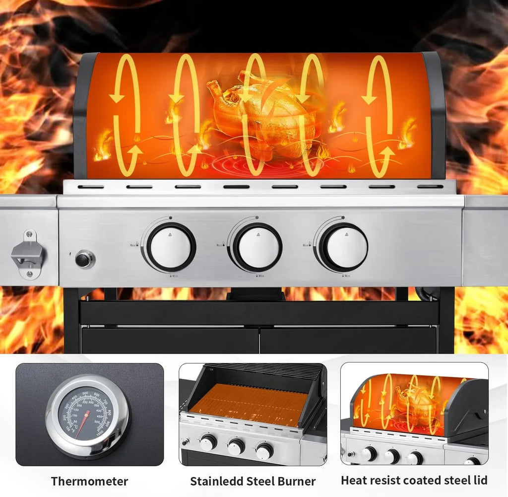Upgraded 4 Burner BBQ Propane Gas Grill with Cast Iron Grates & Side Stove, 44,000 BTU Stainless Steel Burner Barbecue Grill for Patio, Camping, Outdoor Cooking.