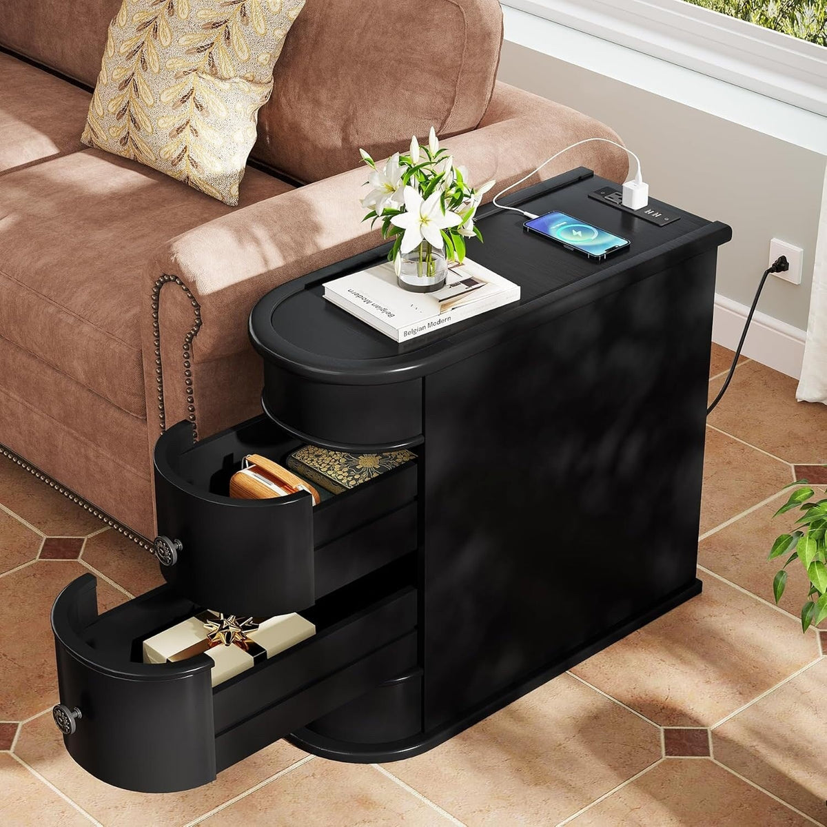 Solid Wood Chairside End Table, Two-Drawer Narrow Side Table Slim