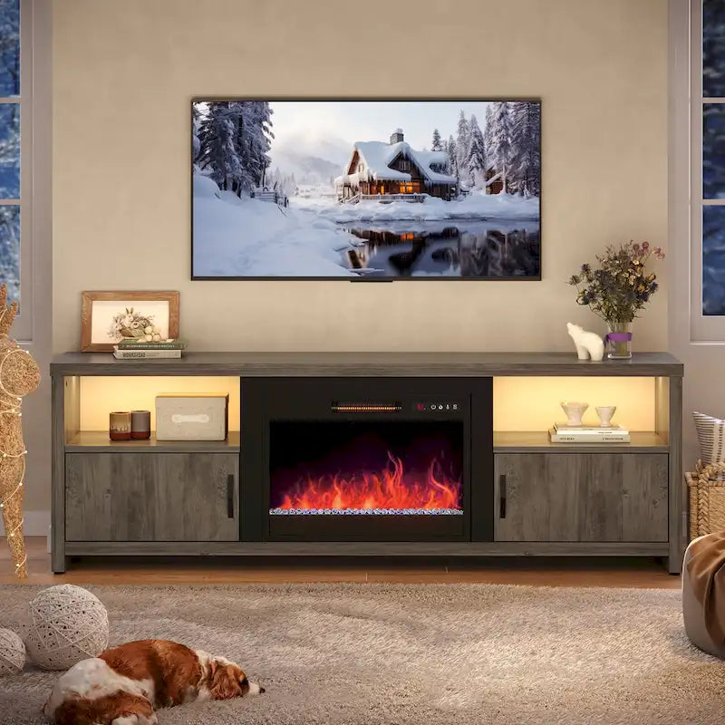 71-Inch TV Stand for 75-Inch TVs with LED Fireplace and Storage Cabinet