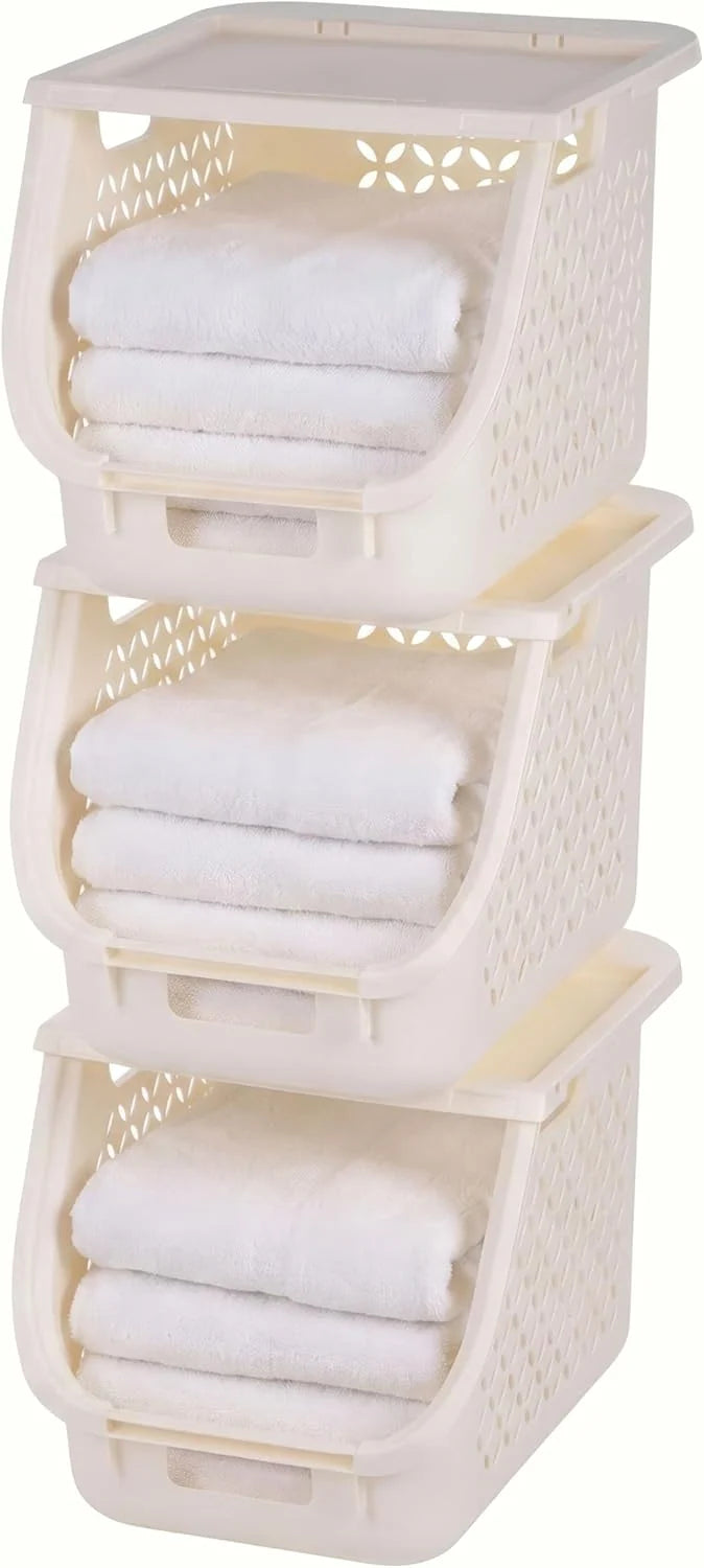 Laundry Basket Hamper, 40L - 3 Pack Stackable Plastic Clothes Sorter Bin with Lids | Off White