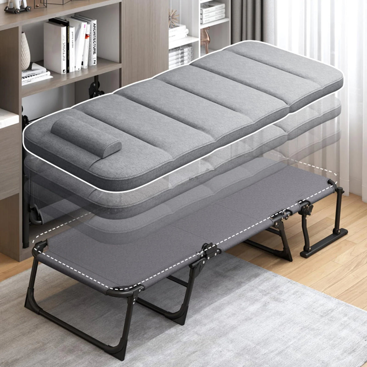 FICISOG Portable Beds Frame with Mattress, Foldaway Rest Cots for Adults Kids, Gray