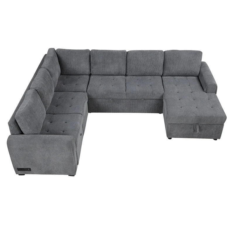 Roomfitters U-Shaped Sectional Sofa with Pull-Out Bed, Storage Chaise Lounge, and Integrated Charging Ports for Living Room