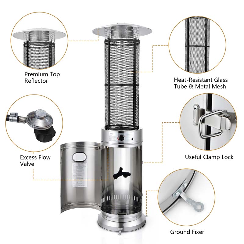41000 BTU Standing Propane Patio Heater with Wheels, Stainless Steel Round Glass Tube Gas Outdoor Heater