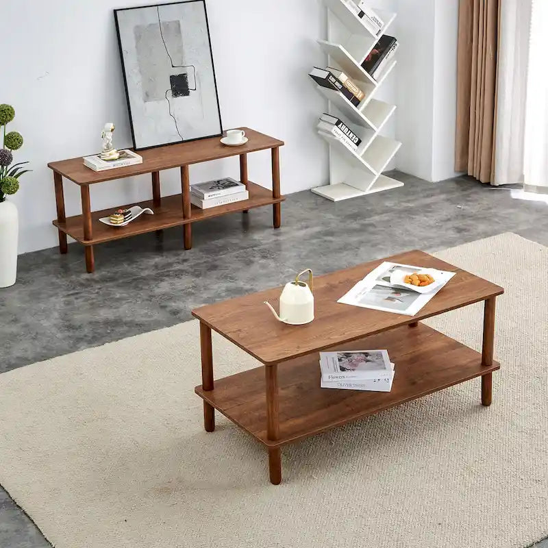 39-Inch Coffee Table with Two-Tier Design and Rubberwood Legs