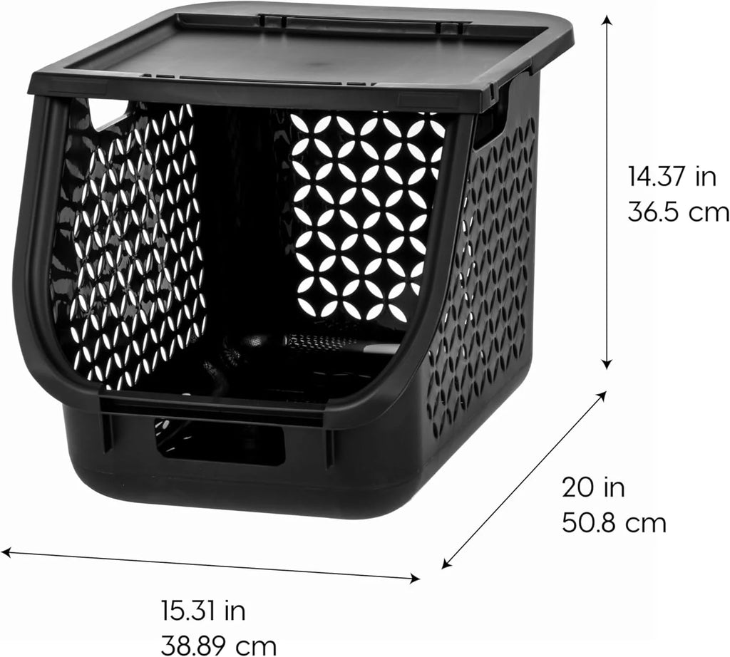 Laundry Basket Hamper, 40L - 3 Pack Stackable Plastic Clothes Sorter Bin with Lids | Off White