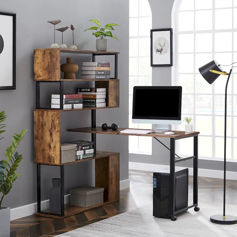Modern Computer Desk with 5-Tier Shelves – Space-Saving Rotatable Workstation