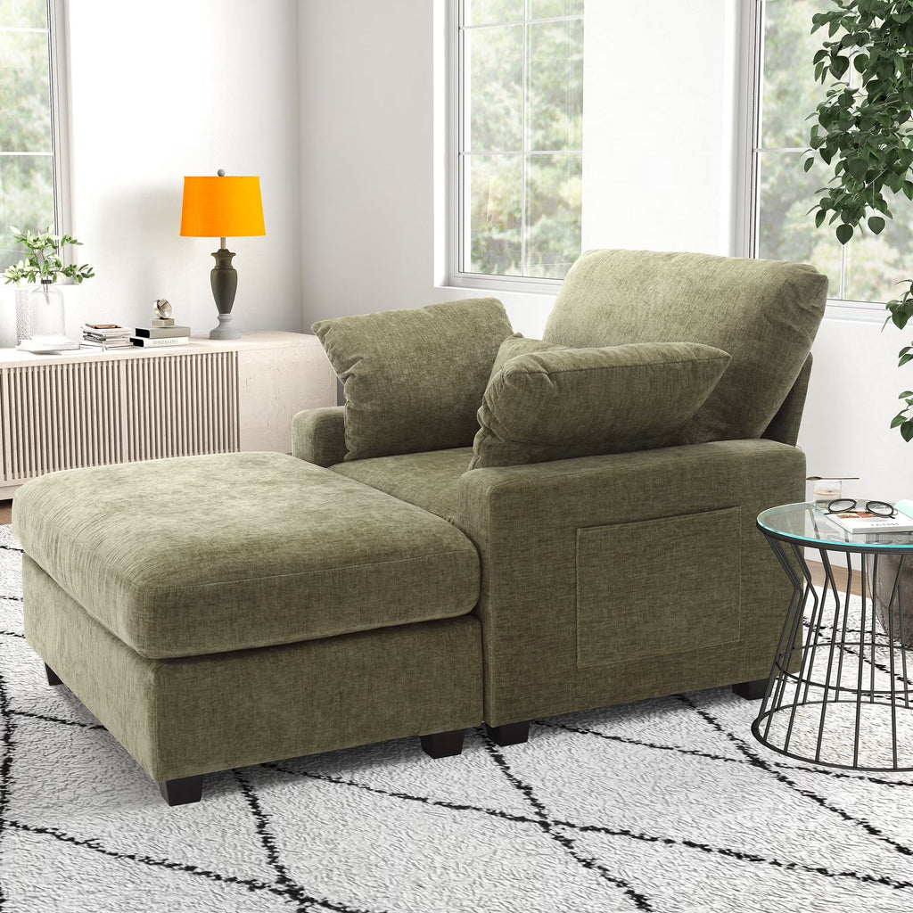 BedLuxury Oversized Accent Chair with Ottoman for Living Room, Single Sleeper Sofa Armchair with 3 Pillows, Lounge Sofa Bed, Green
