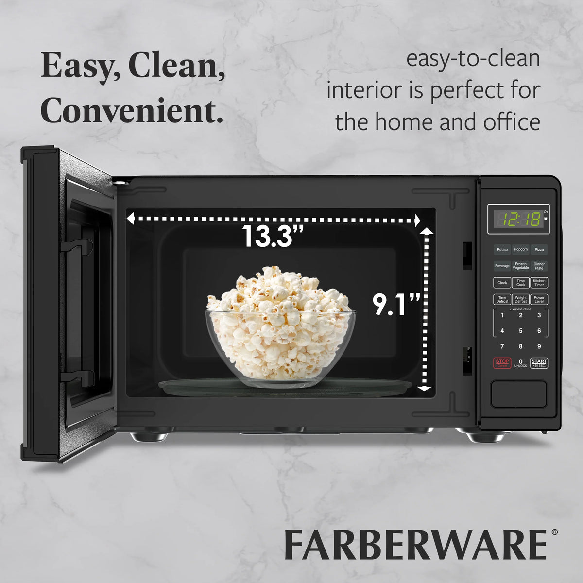 Farberware FMGZ09BKA 0.9 Cu. Ft. Microwave Oven, 900W, Digital Control, LED Display, 6 Cooking Presets, Black