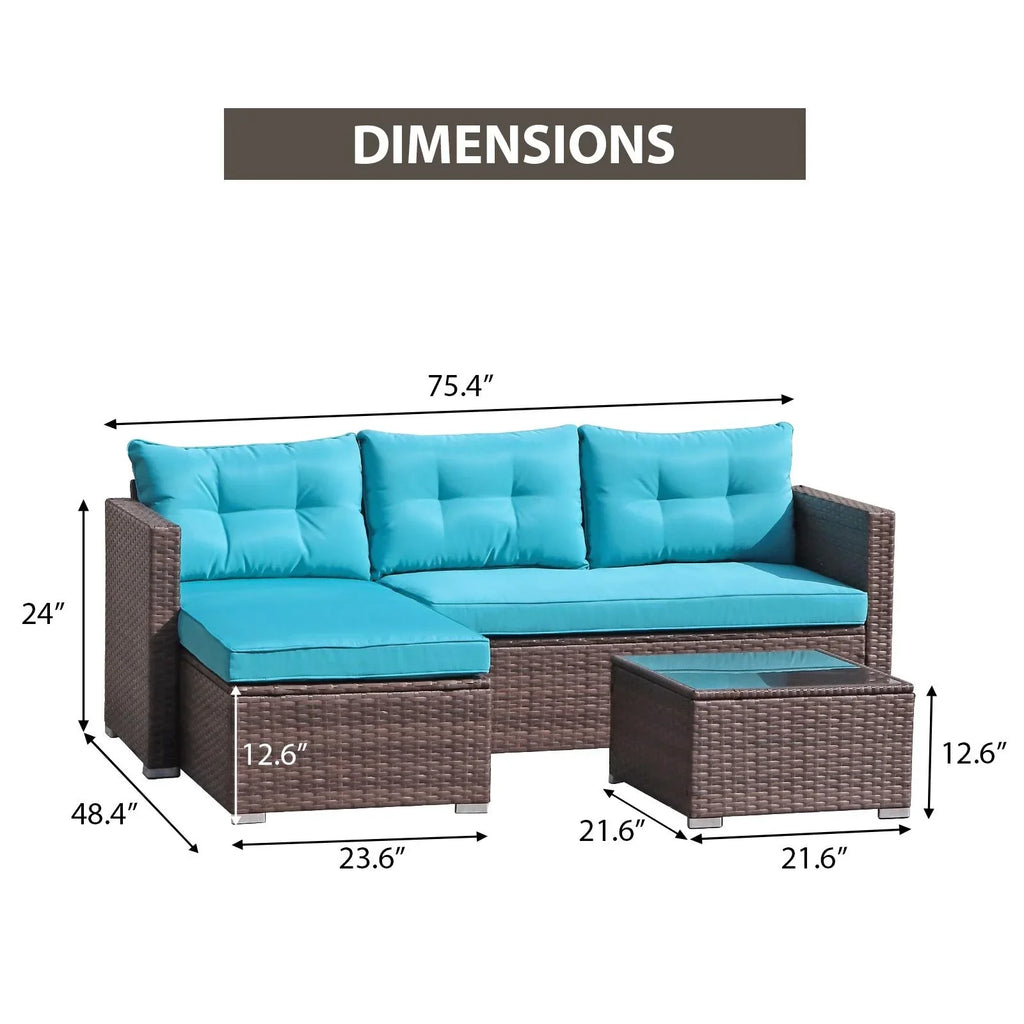 JOIVI 3 Pieces Patio Conversation Set, PE Wicker Rattan Outdoor Furniture Set, 2 Ways Small Sectional Sofa, Tempered Glass Coffee Table, Silver-Gray