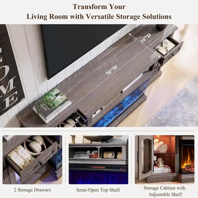 Farmhouse Electric Fireplace TV Stands up to 80, Entertainment Center