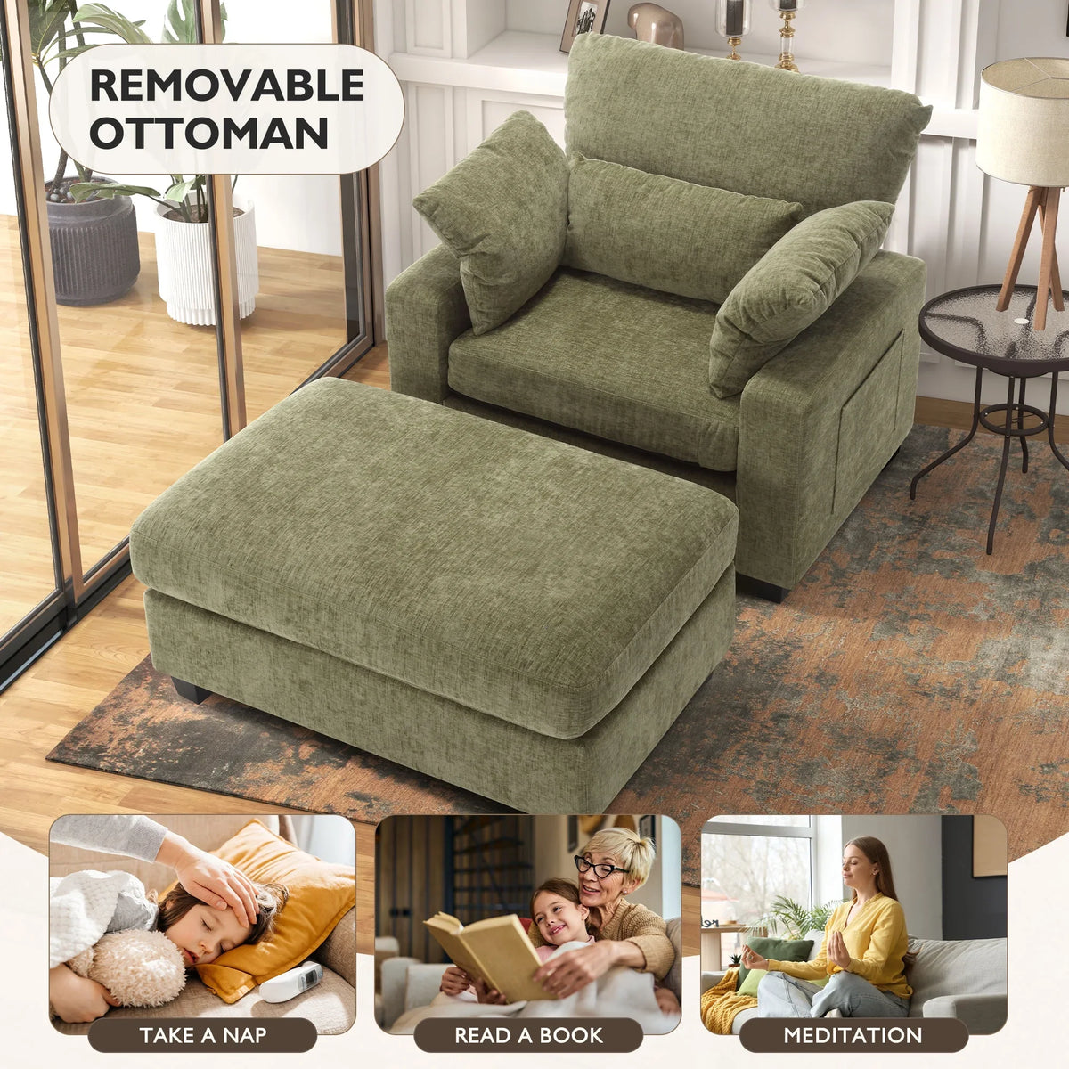 BedLuxury Oversized Accent Chair with Ottoman for Living Room, Single Sleeper Sofa Armchair with 3 Pillows, Lounge Sofa Bed, Green