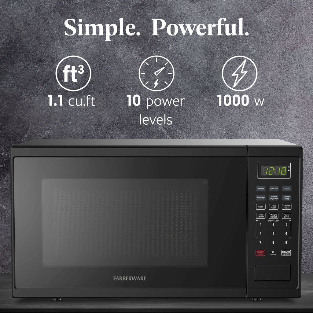 Farberware FMGZ09BKA 0.9 Cu. Ft. Microwave Oven, 900W, Digital Control, LED Display, 6 Cooking Presets, Black