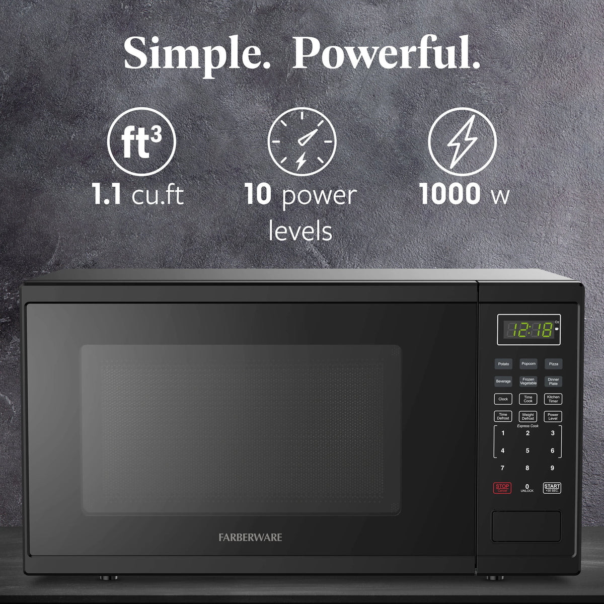 Farberware FMGZ09BKA 0.9 Cu. Ft. Microwave Oven, 900W, Digital Control, LED Display, 6 Cooking Presets, Black