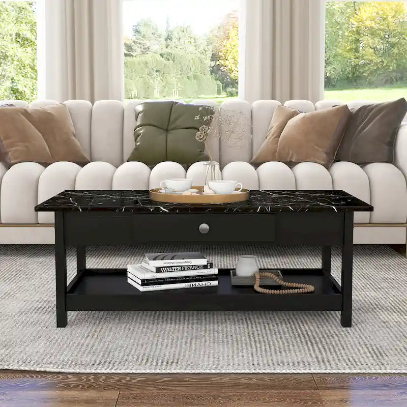 Denhour DH BASIC 4-Piece Open-Shelf Coffee Table Set with Drawer in Transitional Rubberwood