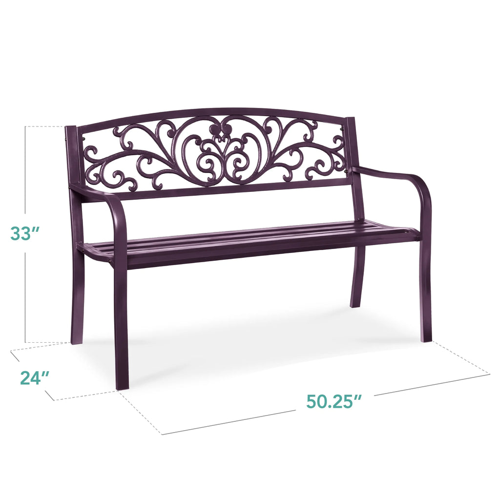 Best Choice Products Outdoor Steel Bench Garden Patio Porch Furniture W/ Floral Design Backrest - Black