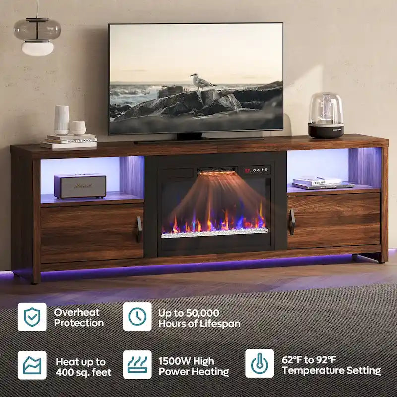 71-Inch TV Stand for 75-Inch TVs with LED Fireplace and Storage Cabinet