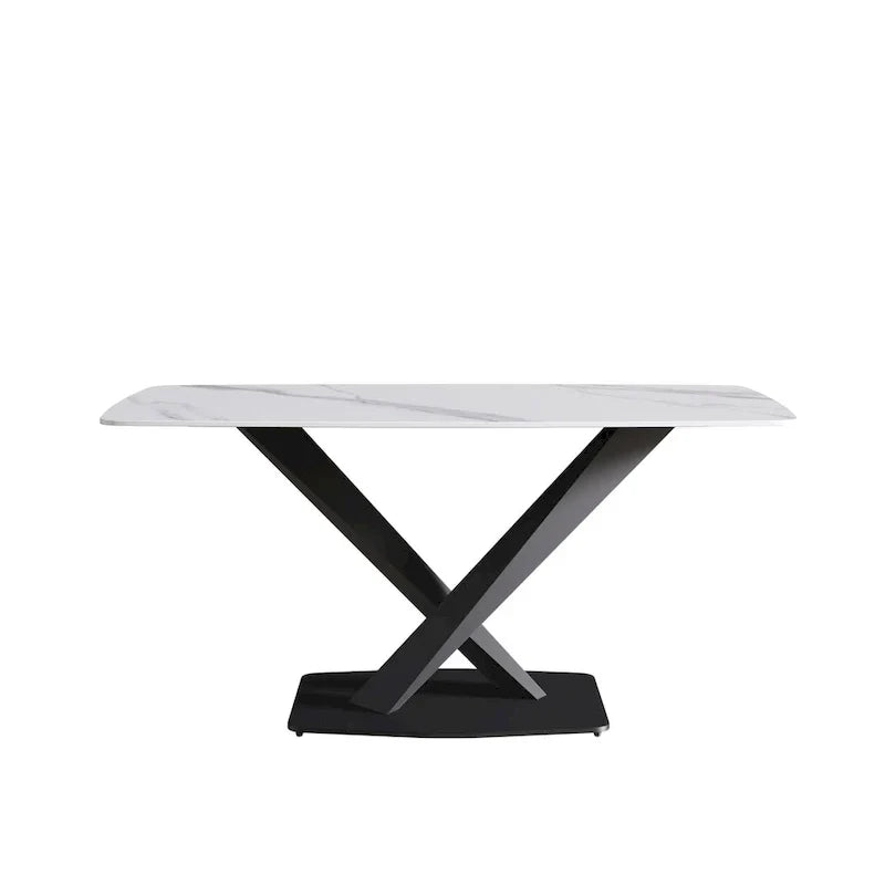 63-Inch Contemporary Dining Table with Slate Stone Surface and Metal Legs, Marble Finish