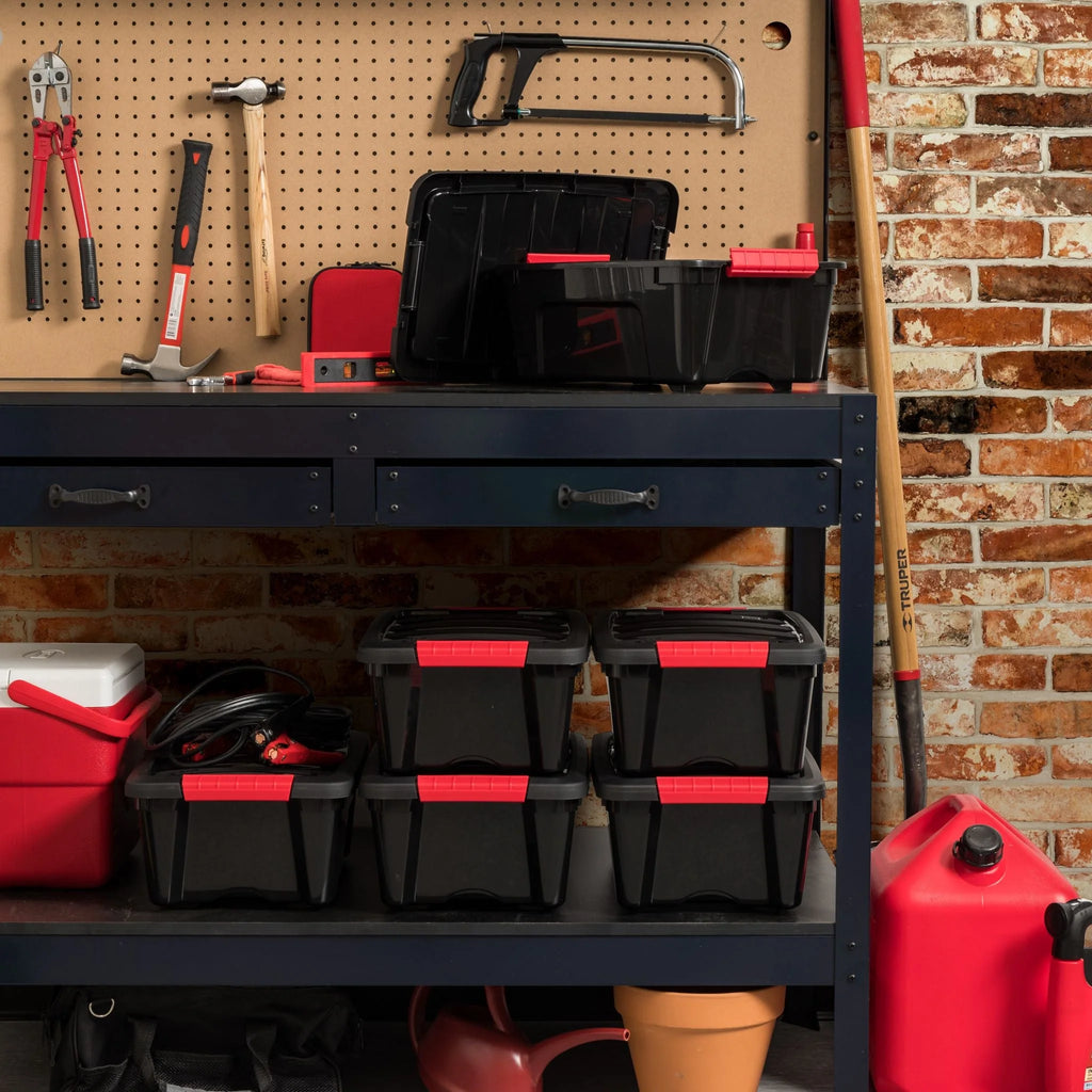 12 Quart Stack & Pull Box, Black & Red, Set of 6