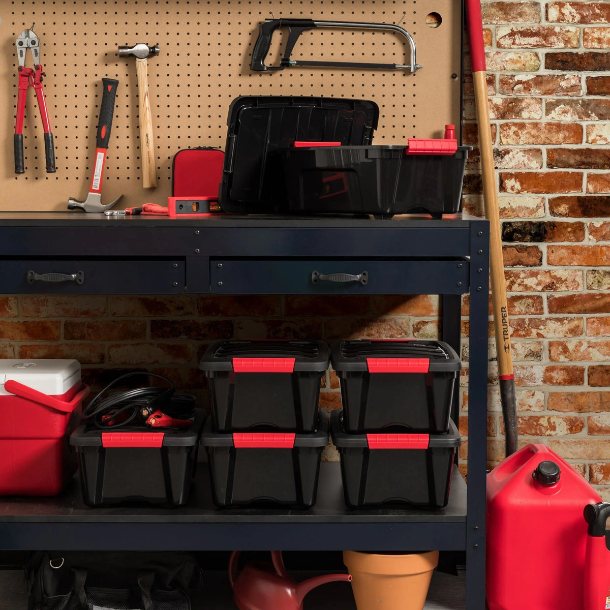 12 Quart Stack & Pull Box, Black & Red, Set of 6