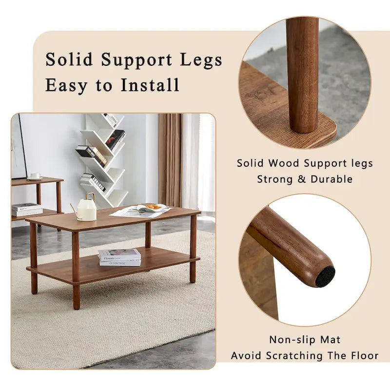 39-Inch Coffee Table with Two-Tier Design and Rubberwood Legs