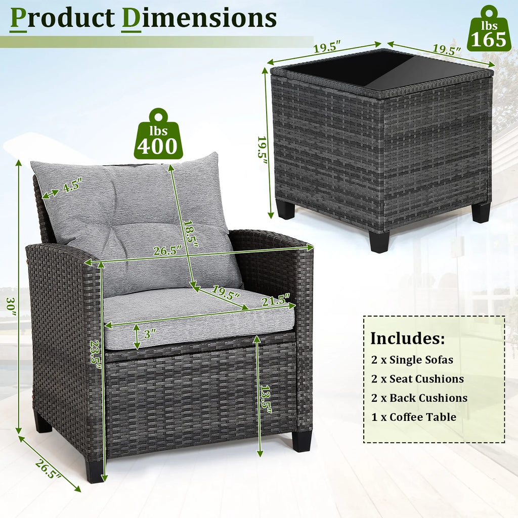 Gymax 3PCS Patio Rattan Sofa Set Outdoor Wicker Conversation Set Glass Tabletop w/ Grey Cushion