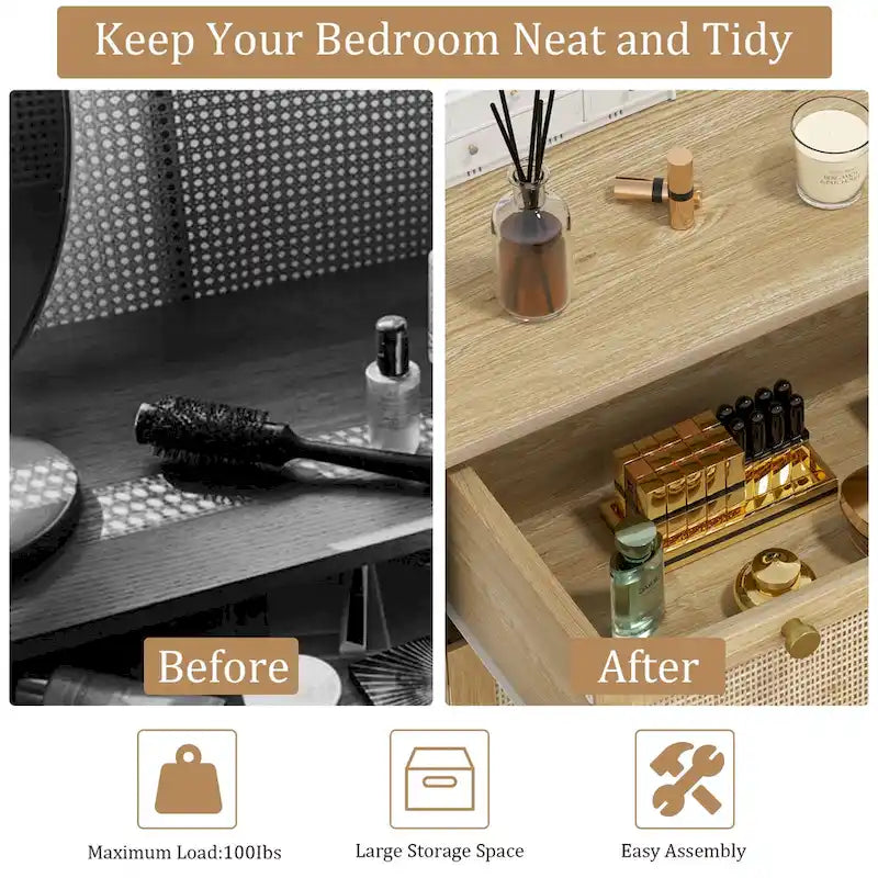 Modern Boho 3-Drawer Rattan Dresser - Stylish Chest of Drawers with Ample Storage for Your Bedroom