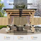 [10x12FT] Heavy Duty Premium Outdoor All-Season Wooden Cedar Hardtop Gazebo With Metal Roof & Back Curtains (SAK57184)