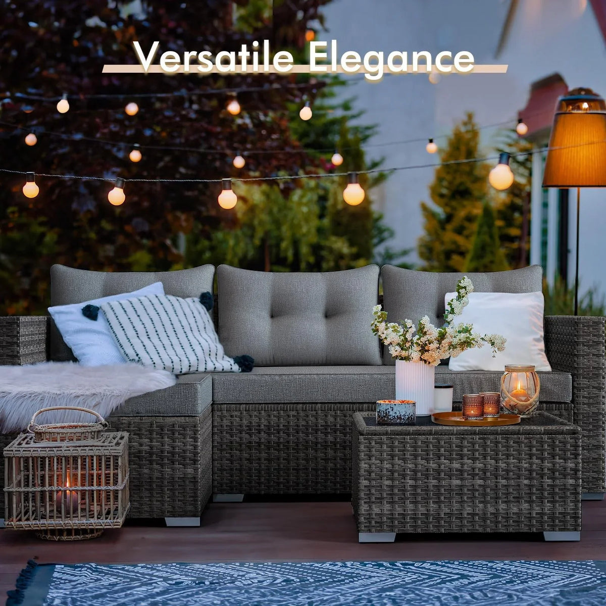 JOIVI 3 Pieces Patio Conversation Set, PE Wicker Rattan Outdoor Furniture Set, 2 Ways Small Sectional Sofa, Tempered Glass Coffee Table, Silver-Gray