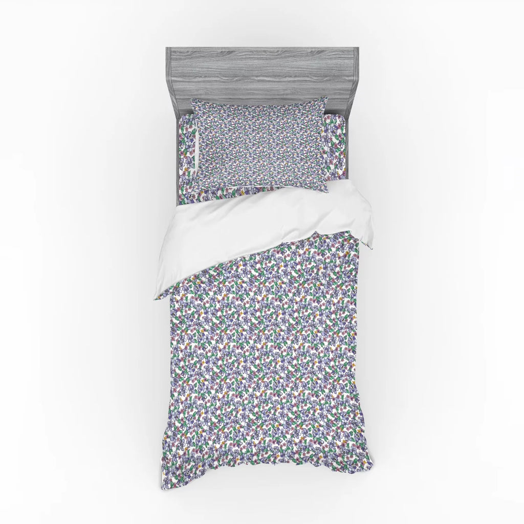 Floral Duvet Cover Set, Colorful Spring Blossom Flowers Repetitive Hand Drawn Like Pattern, Bedding Set with Shams and Fitted Sheet, 3 Sizes