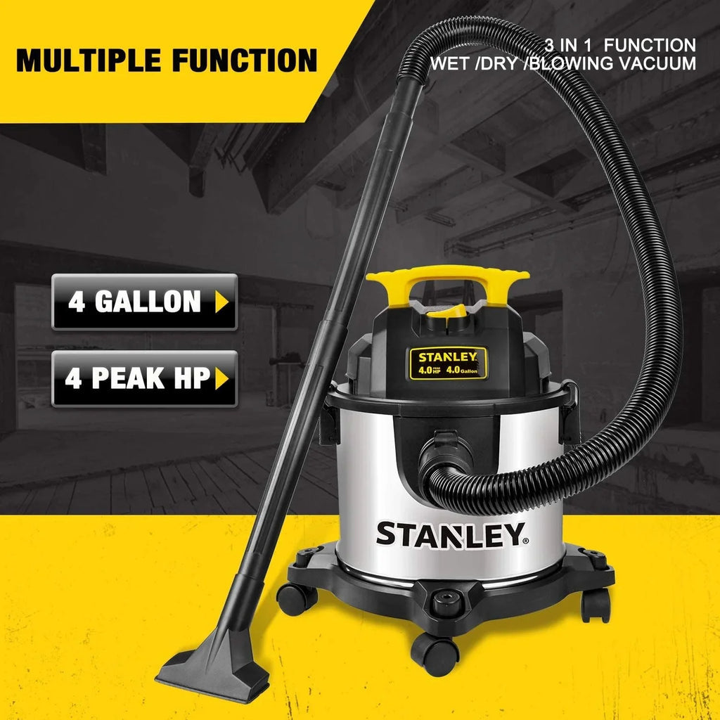 4 Gallon Wet Dry Vacuum, 4 Peak HP Stainless Steel 3 in 1 Shop Vacuum Blower with Powerful Suction, Vacuum for Job Site, Garage, Basement, Workshop