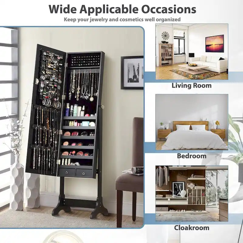 Elegant Mirrored Jewelry Cabinet with Drawers and Hooks - Dimensions: 18 x 14.5 x 61.5 inches