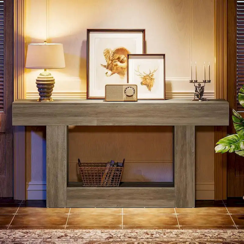 63-Inch Brown and Gray Slim Wooden Console Table for Entryway