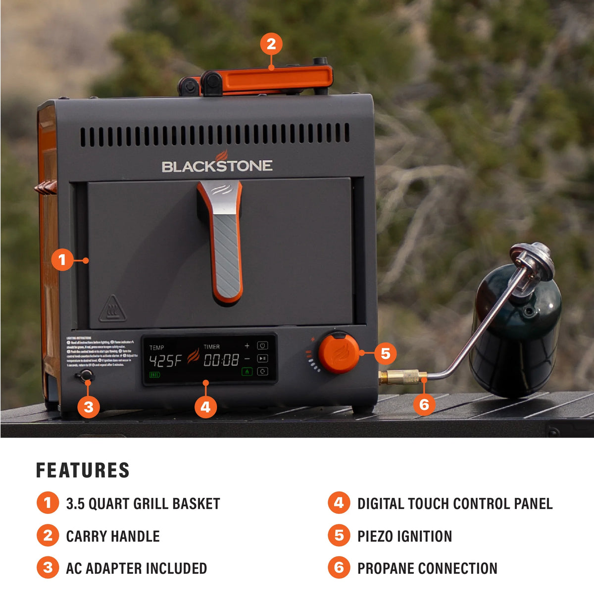 Blackstone Adventure Ready Portable Propane Air Fryer, 4 Quart, Gray & Orange, 18W, 3ft Cord