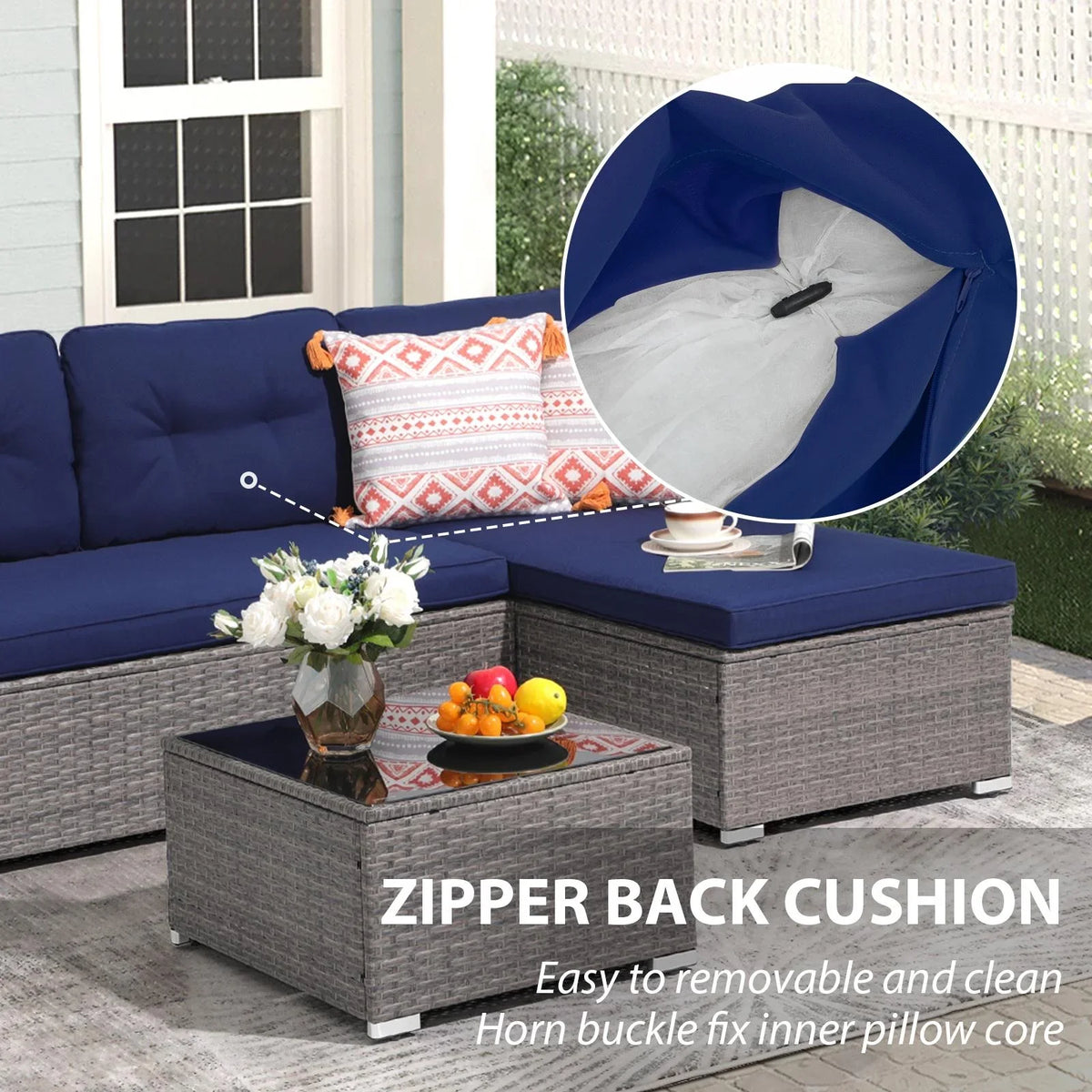 JOIVI 3 Pieces Patio Conversation Set, PE Wicker Rattan Outdoor Furniture Set, 2 Ways Small Sectional Sofa, Tempered Glass Coffee Table, Silver-Gray