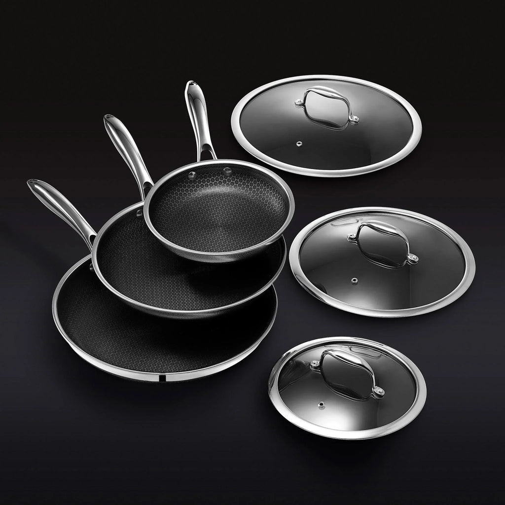 HexClad 6 Piece Hybrid Stainless Steel Cookware Pan Set 8 inch 10 inch 12 inch with Glass Lids Size: One size Black