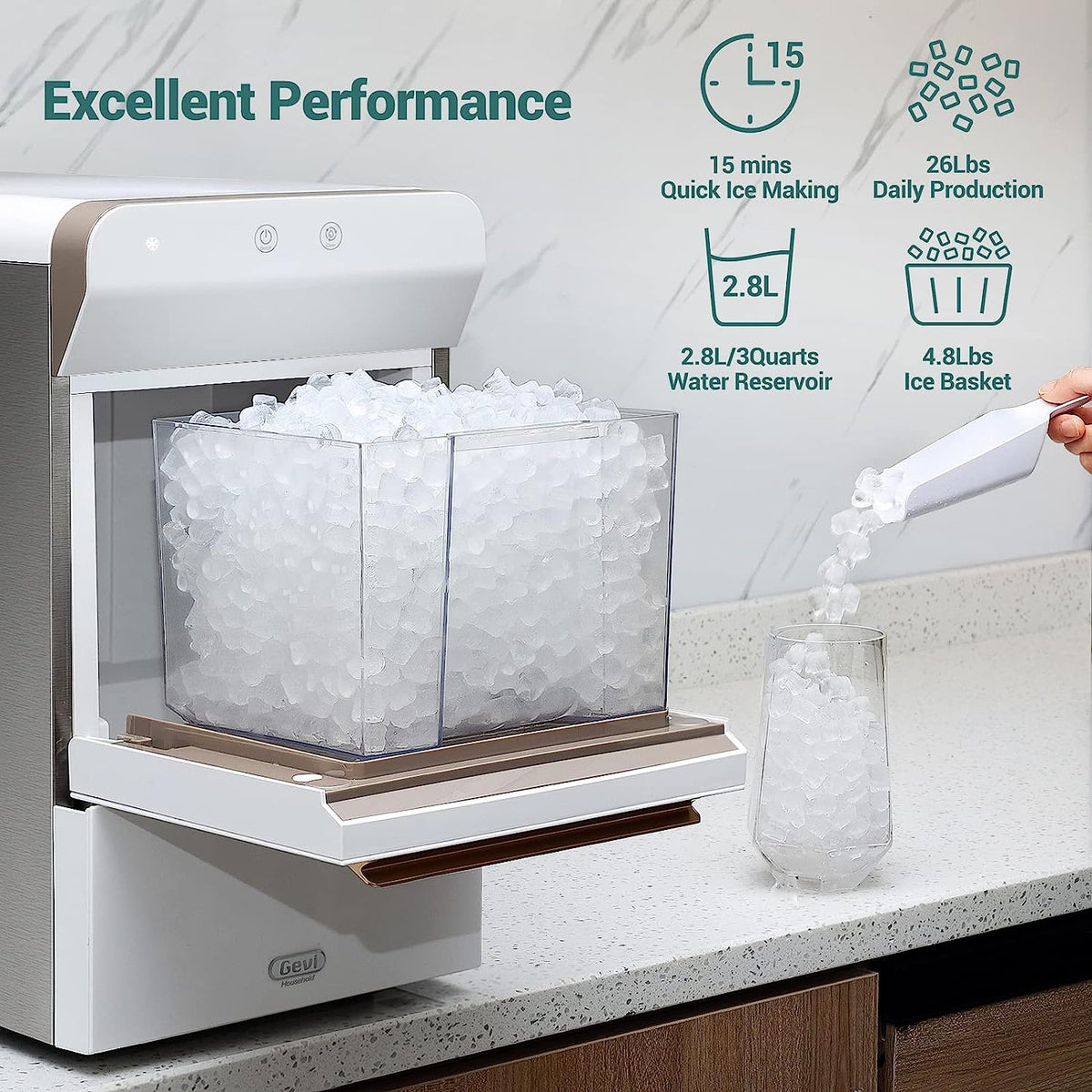 V2.0 Countertop Nugget Ice Maker | Self Cleaning Pellet Ice Maker | Open and Pour Refill | Stainless Steel Housing |