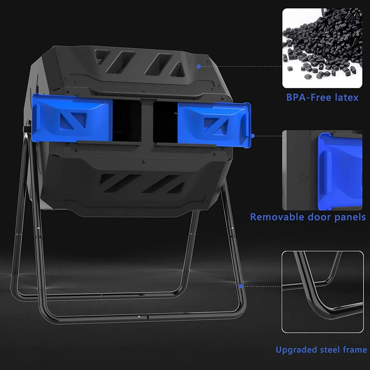 Large Compost Tumbler Bin Dual Compartment Better AirCirculation Efficient Compost BPA Free Sturdy Steel Frame 43Gallon (2 21.5Gal) Blue Door
