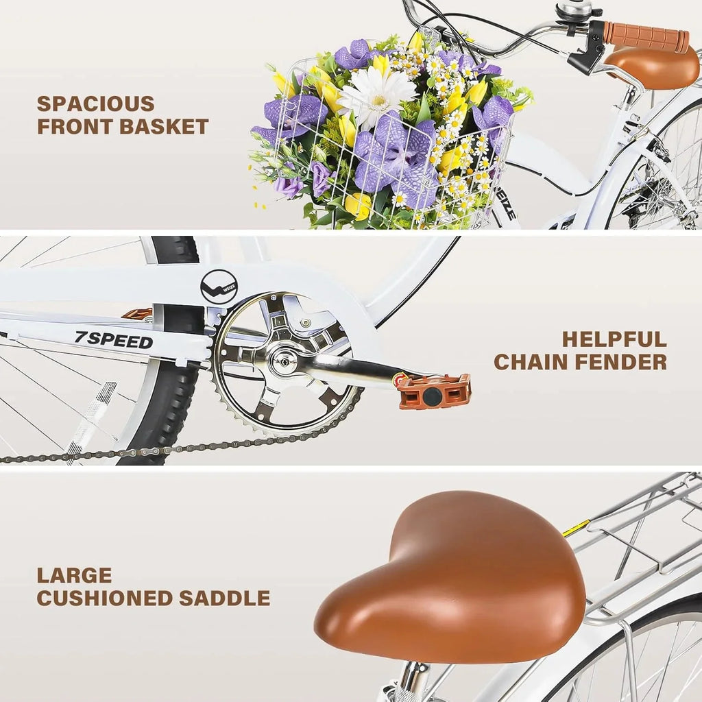 WEIZE Beach Cruiser Bike, 26 inch Commuter Bicycle for Adult Men and Women, 7-Speed/High-Carbon Steel/Front & Rear Fenders, Comfortable City Bikes with Rear Rack or Basket, Ergonomic Upright Design