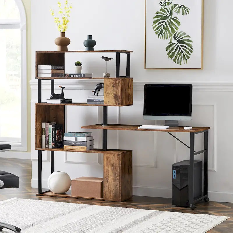 Modern Computer Desk with 5-Tier Shelves – Space-Saving Rotatable Workstation