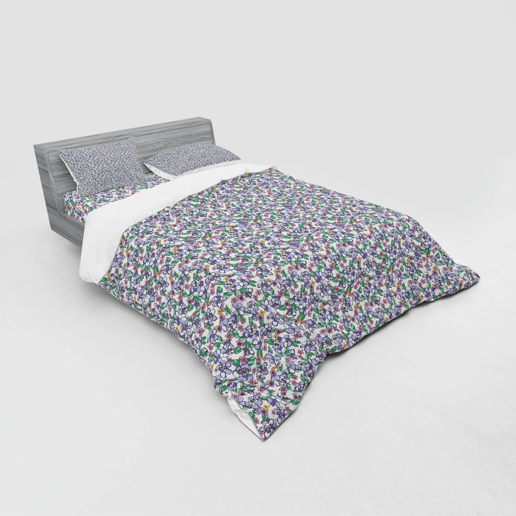 Floral Duvet Cover Set, Colorful Spring Blossom Flowers Repetitive Hand Drawn Like Pattern, Bedding Set with Shams and Fitted Sheet, 3 Sizes