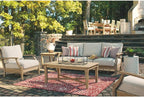 Signature Design by Ashley Clare View Coastal Outdoor Patio Eucalyptus Sofa with Cushions, Beige