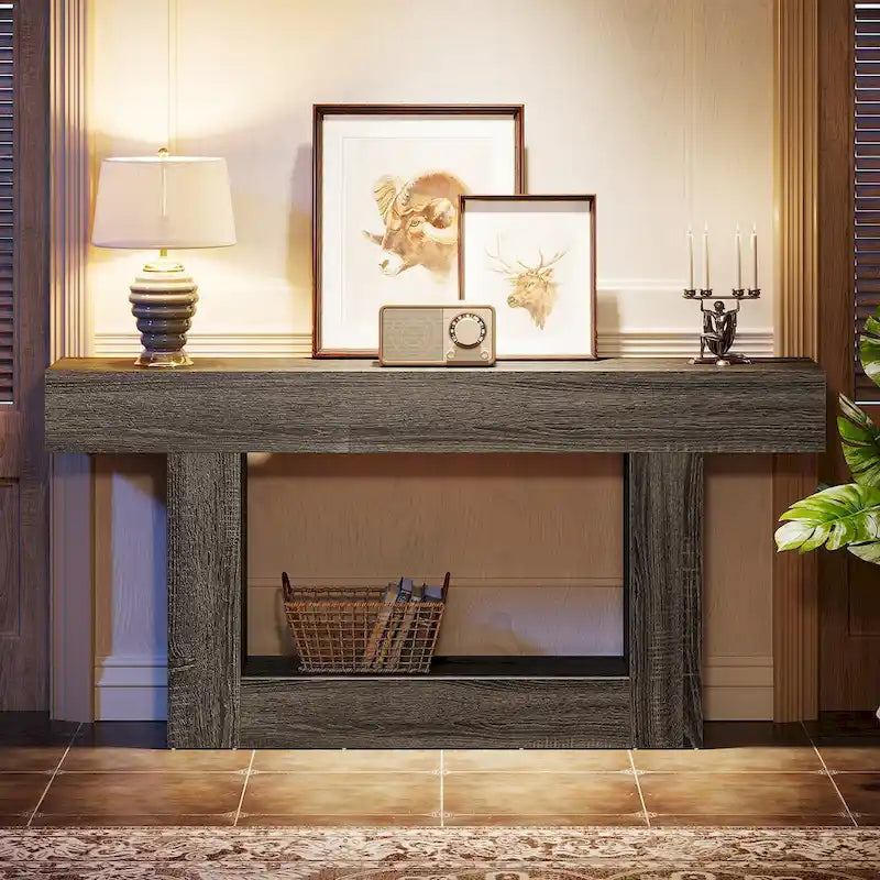 63-Inch Brown and Gray Slim Wooden Console Table for Entryway