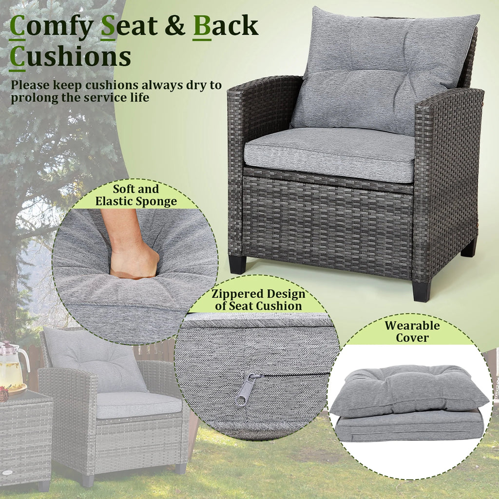 Gymax 3PCS Patio Rattan Sofa Set Outdoor Wicker Conversation Set Glass Tabletop w/ Grey Cushion
