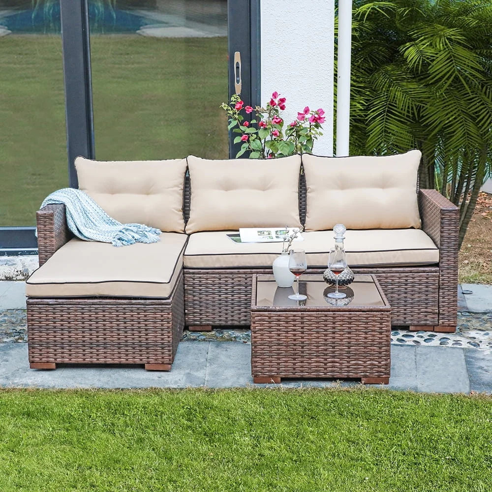 JOIVI 3 Pieces Patio Conversation Set, PE Wicker Rattan Outdoor Furniture Set, 2 Ways Small Sectional Sofa, Tempered Glass Coffee Table, Silver-Gray