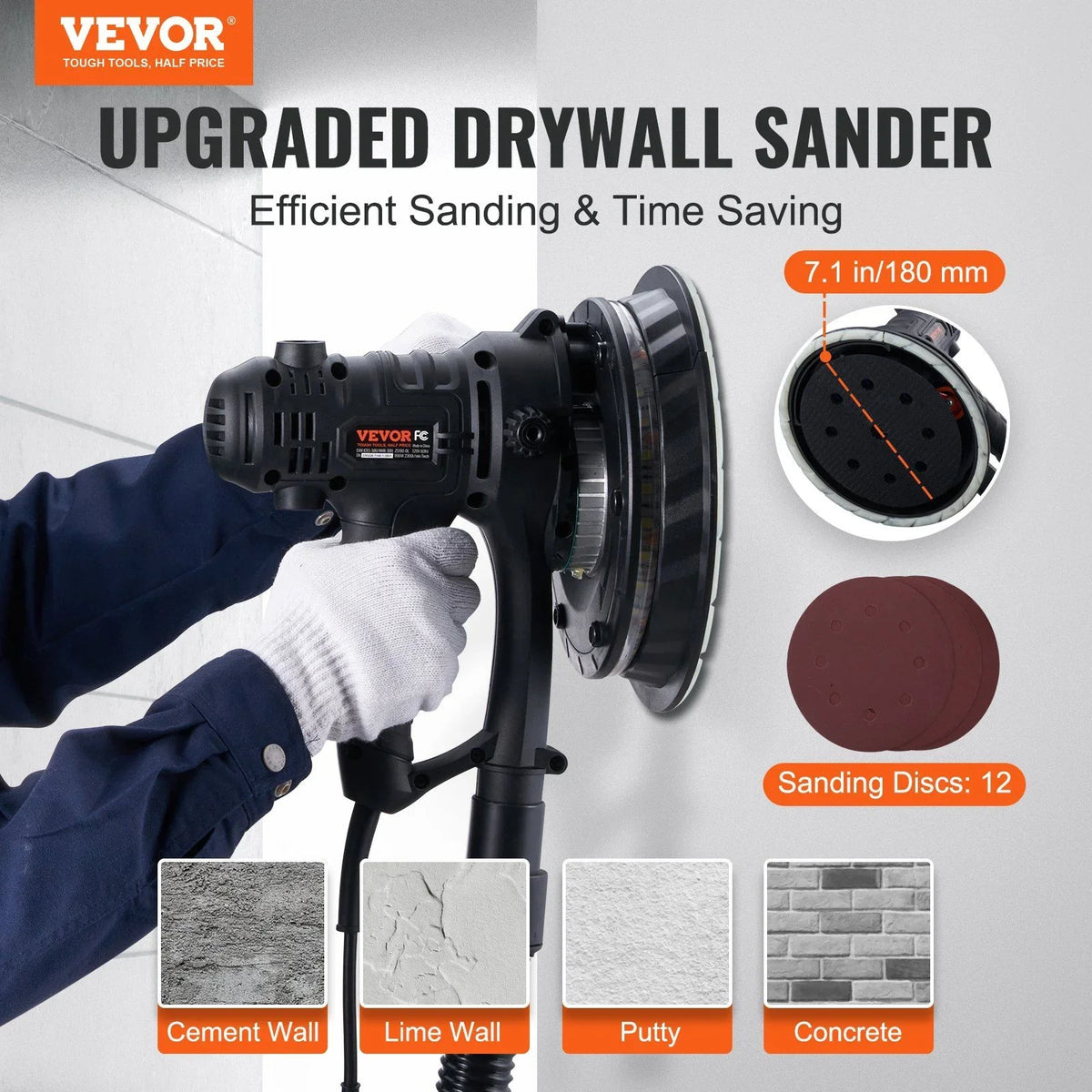 800W Electric Drywall Sander with Dust Extraction, Adjustable RPM 1200-2300, Brush Motor for Efficient Wall Sanding & Polishing