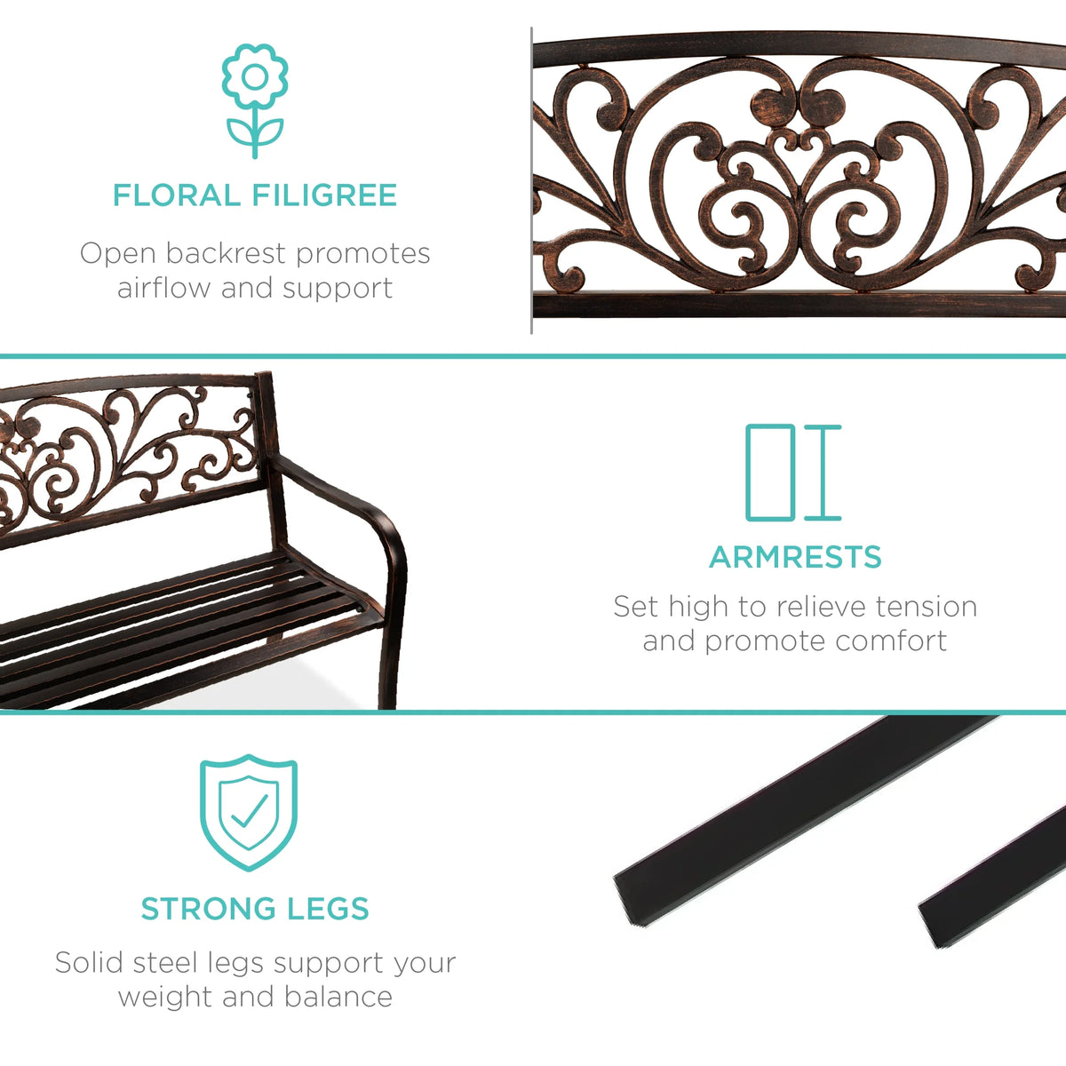 Best Choice Products Outdoor Steel Bench Garden Patio Porch Furniture W/ Floral Design Backrest - Black