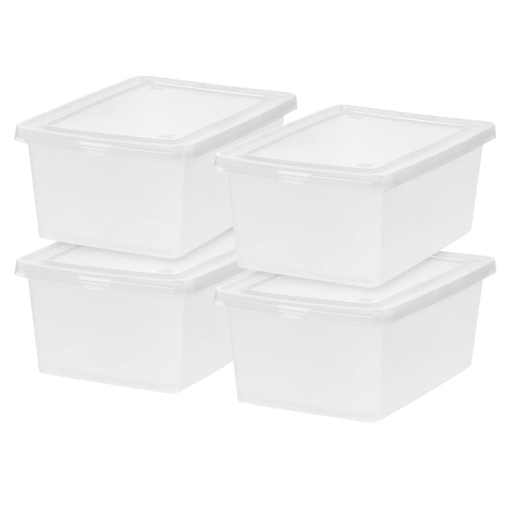 14.5 Quart Plastic Storage Bin Tote Organizing Container with Latching Lid for Shoes, Heels, Art Supplies, Stackable and Nestable, 4 Pack, Clear