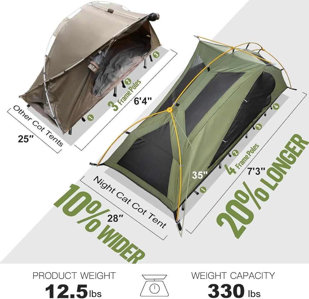 Night Cat Camping Cot Tent - Waterproof 1-Person Off-Ground Combo Cot Bed for Adults Portable Easy Set-up Tent