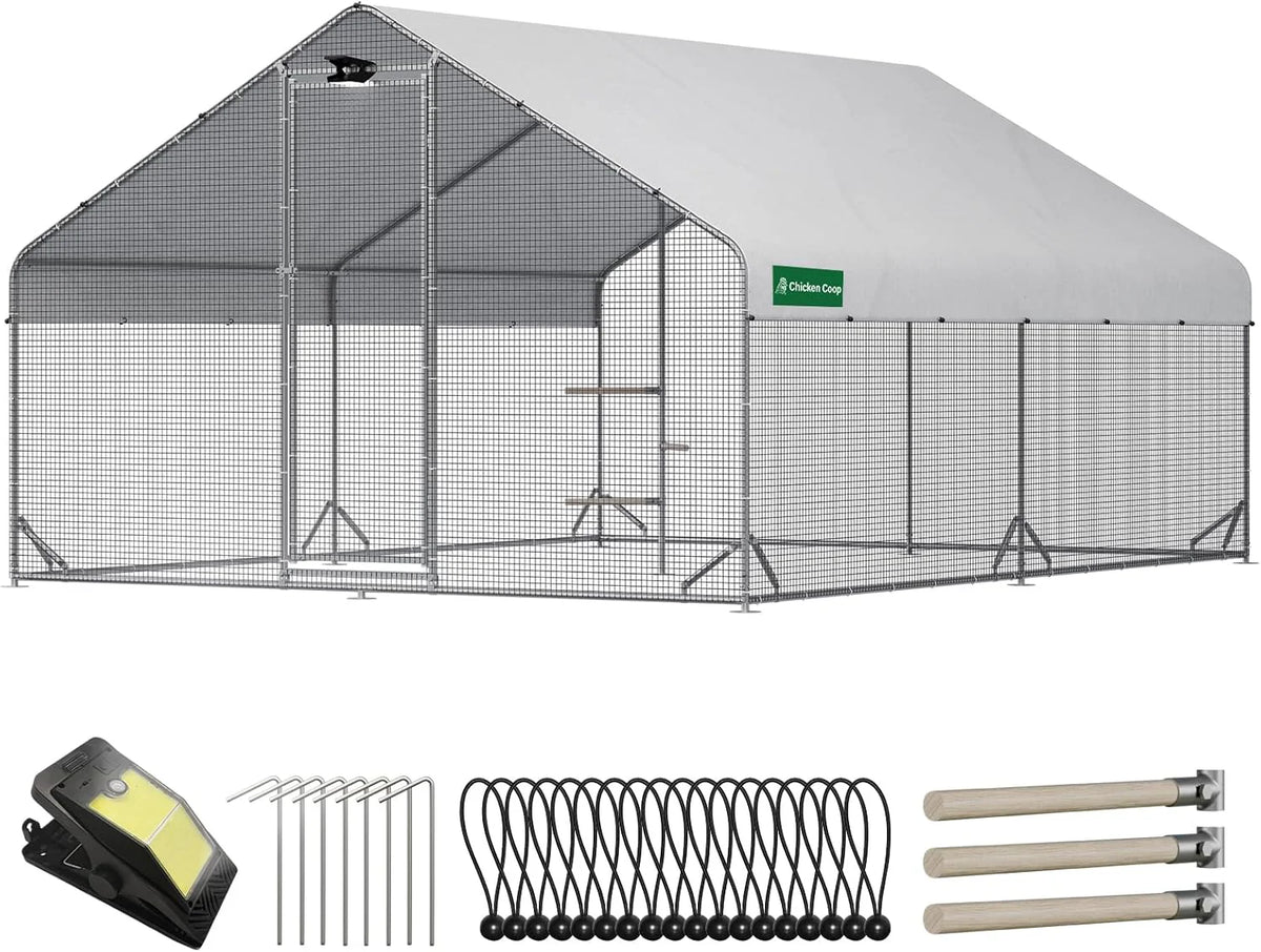 Large Walk-in Metal Chicken Coop with Run, Solar Light, UV Cover
